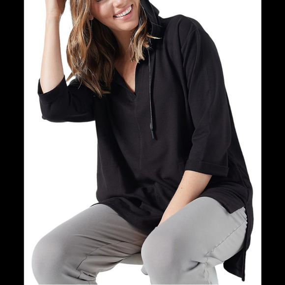 Susan Graver Tops - Susan Graver SG Sport Drop-Shoulder Hoodie Tunic Black - Petite